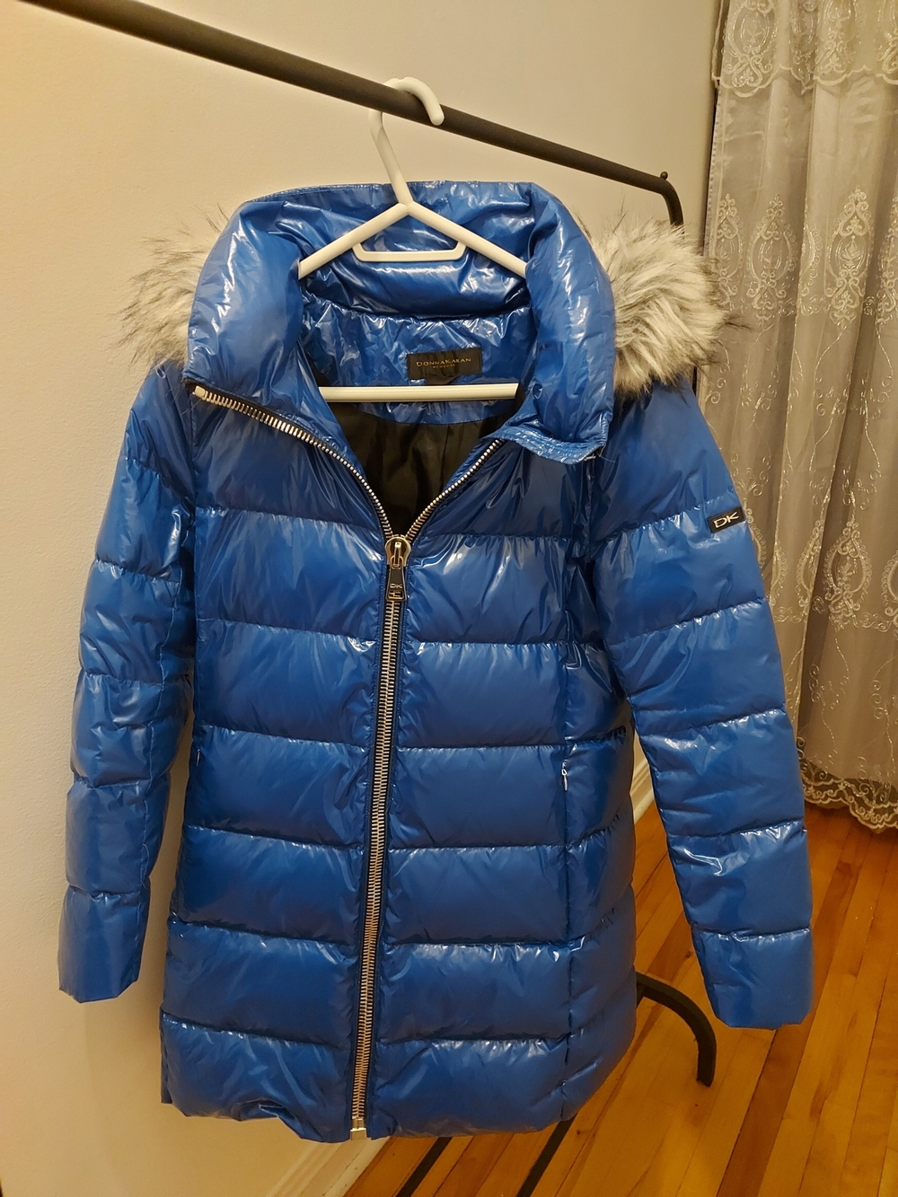 Donna Karan Shiny Royal Blue Quilted Puffer Coat with Faux Fur Hood